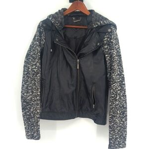 JOUJOU Full Zip Up knit Sleeve Black Faux Leather Biker Jacket Women's